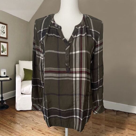 Universal Thread Olive Plaid Flannel High Low Tunic Top Sz M - Picture 2 of 11
